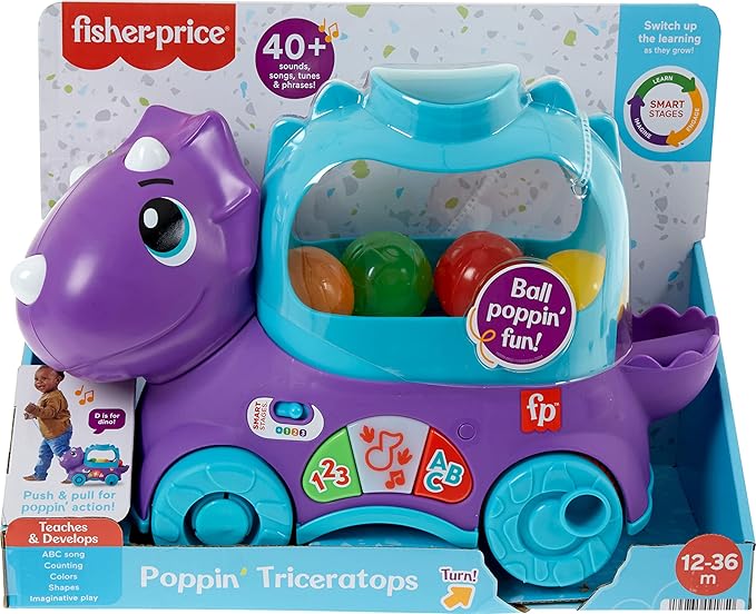 Fisher-Price Toddler Learning Toy Poppin’ Triceratops Dinosaur Pull-Along Ball Popper with Smart Stages for Ages 1+ Years
