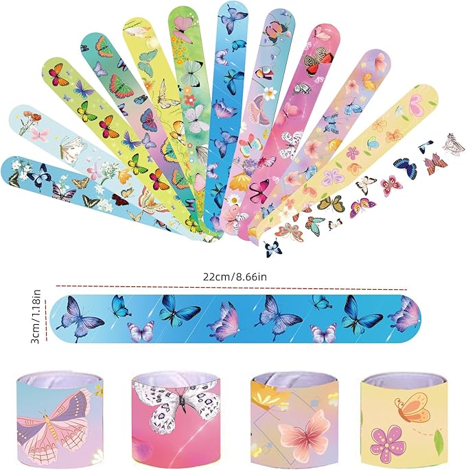 96 Pcs Butterfly Party Favors for Girls Fairy Birthday Party Supplies with Butterfly Silicone Bracelets, Slap Wristbands, Keychains, Tattoos Stickers and Stickers for Kids Decoration Gifts