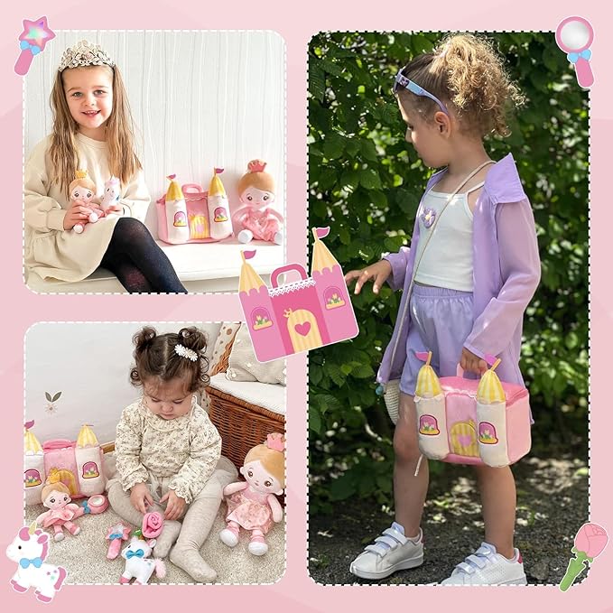 OUOZZZ Princess Castle Toys for 1-3 Year Old Girl Baby Doll Plush Toy House Stuffed Animal Toy Set - Sensory Educational Toys for 12-18 Months Infant - Fisrt Birthday Gifts for Toddler
