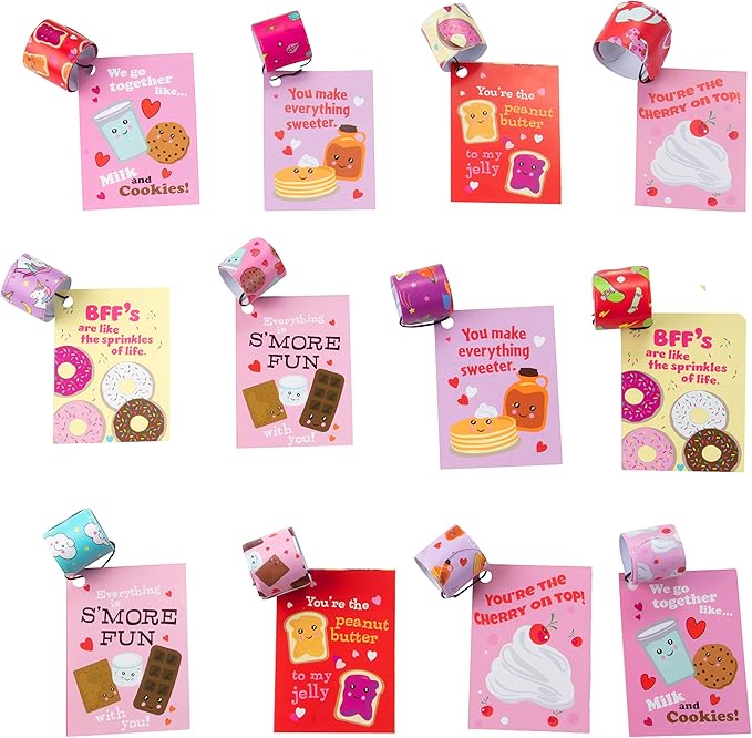 Set of 24 Valentines Cards for Kids Classroom - Valentine's Day Sweet Pals Slap Bracelets for Kids School - Each Valentines Gift Includes a Friendship Bracelet & Card for Boys Girls Classroom Exchange