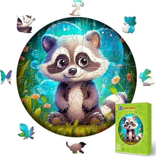 Wooden Jigsaw Puzzles for Kids Ages 4-6, 50 Piece Unique Shape Animal Theme Puzzle - Preschool Learning Educational Toys for Kids 3+, Valentines Day Birthday Easter Gifts for Kids Girls Boys (raccoon)