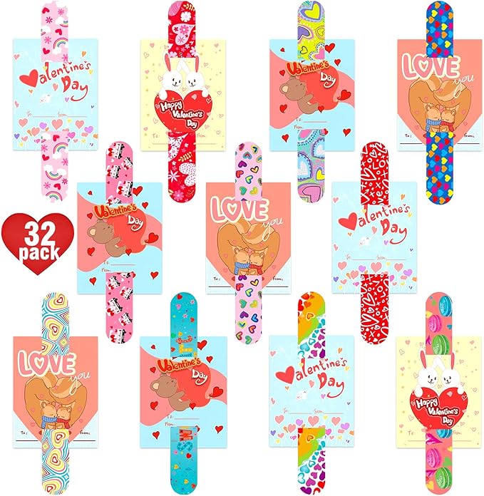 Leesgel 32pcs Valentines Cards for Kids Classroom, Valentines Day Surprise for Kids School with Toys Slap Bracelets, Class Valentines Cards Bulk for Party Favors Supplies