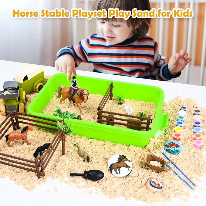 Sensory Bin - Horse Stable Playset Play Sand for Kids,Sandbox with Cover, 1.7 LB Magnetic Sand,Tractor and Stable, Rider and Horse,Rock Painting Kit,Sensory Toys for Autism 3 4 5 6 7 8 Year and Up