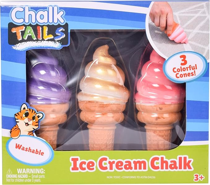 Sunny Days Entertainment, LLC. Ice Cream Chalk Set, 3 Piece Jumbo Sidewalk Chalk, Washable, Non-Toxic For Arts and Crafts for Kids Ages 3+