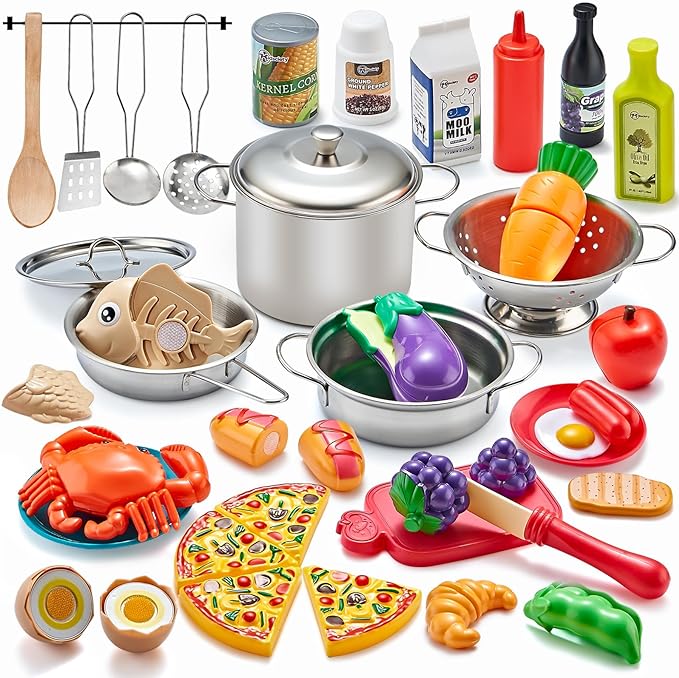 Pretend Play Kitchen Accessories, 52pc Kids Kitchen Playset with Play Food, Stainless Steel Cookware, Kitchen Toys Pots and Pans, Toddler Kitchen Set with Cuttable Toy Food, Boys Girls Gift