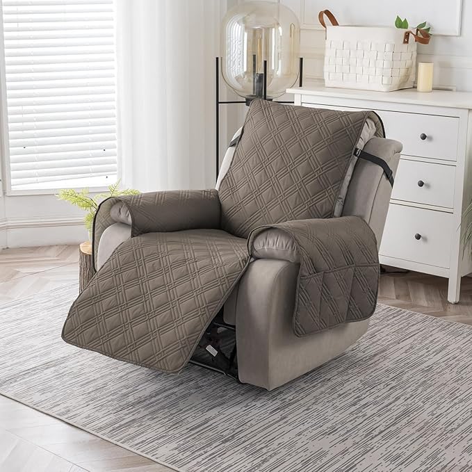 Easehomey 100% Waterproof Recliner Chair Covers, Non Slip Oversized Reclining Cover, Cover Furniture Protector Washable Chair Cover with Pocket,Elastic Straps for Kids,Pets,Dogs(Taupe,28")