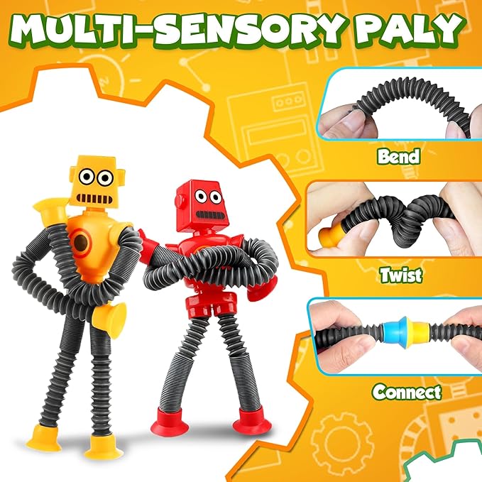 Robot Sensory Travel Toys 4Pcs for Toddlers Kid Boy Year Old Ages 3 4 5 6 7 8 9,Airplane Activities Suction Autism Pop Tube Fidget Toys Autistic Stocking Easter Basket Stuffer Valentine Gift for Kids