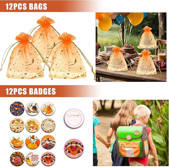 110 PCS Thanksgiving Party Favors Autumn Party Supplies with Key Chains Button Pins Stickers Rubber Bracelets for Fall Party Favors Decorations Classroom Prizes
