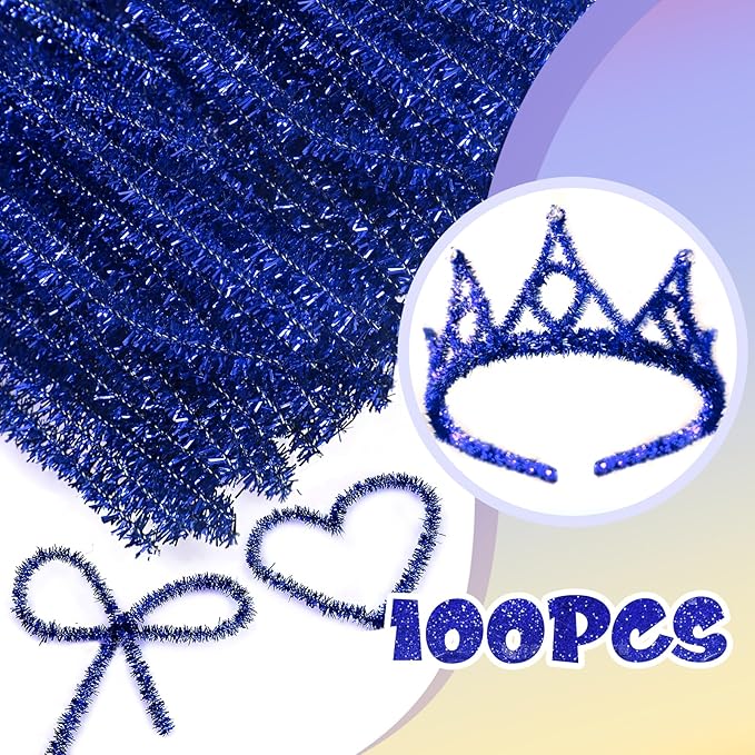 TOAOB 100pcs Christmas Glitter Pipe Cleaners Blue Metallic Pipe Cleaners Craft Supplies 6mm x 12 Inch Chenille Stems Pipe Cleaners for Art DIY Crafts Decorations