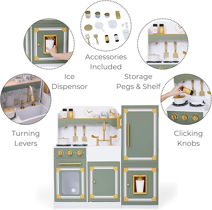 Teamson Kids Versailles Wooden Deluxe Play Kitchen Set Plus Refrigerator with Ice Dispenser and 15 Cookware Accessories, Olive Green
