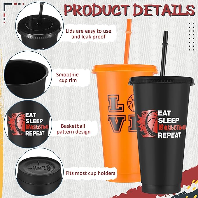 Yungyan 48 Pcs Basketball Party Favors Set Basketball Goodie Bags 24oz Basketball Cups with Lids Sport Drawstring Bags Basketball Hair Ties Bracelets for Team Gifts Basketball Party Supplies