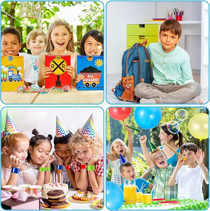 Lenwen 252 Pcs Train Party Favors Train Birthday Party Supplies Train Candy Bags Punch Balloons Stamps Stickers Train Slap Bracelets Keychain Noisemakers for Boy Kids Train Birthday Party Supplies