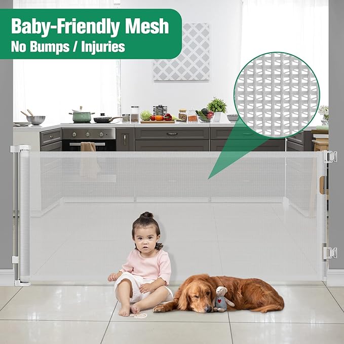 110 Inch Retractable Baby Gates for Large Openings Retractable Dog Gate Outdoor Retractable Gate Mesh Baby Gate Retractable Gates for Dogs Indoor Extra Long Baby Gate for Stairs, Doorways, Light Gray