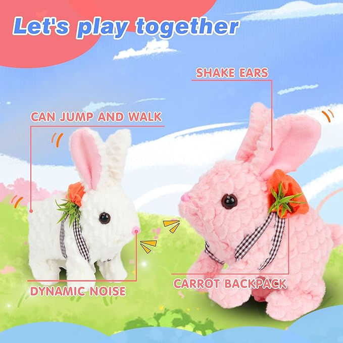 Hopearl Hopping Rabbit with LED Ears Carrot Backpack Interactive Plush Bunny Toy with Sounds Animated Walking Wiggle Light up Ears Twitch Nose Gift for Toddlers, Pink, 7''