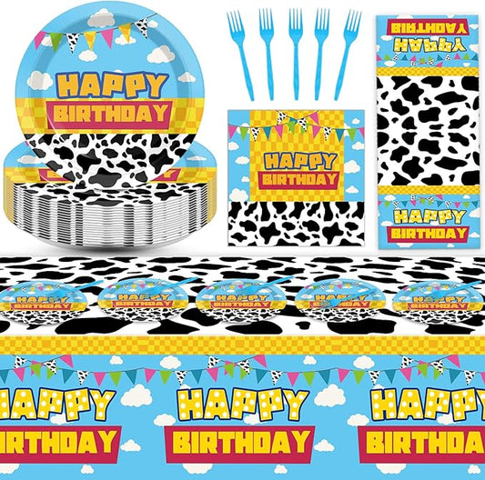 Cartoon Story Birthday Party Supplies Cow Print Party Tableware Includes Cartoon Story Party Plates Napkins Fork and Blue Sky White Clouds Tablecloth for Baby Show Parties Decorations Set Serve 20