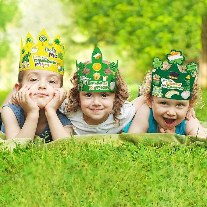 WorldBazaar St. Patrick's Day Crown Hat Craft for Kids 24 Pack Lucky Shamrock Clover Paper Hat with Stickers Green Irish Classroom Family Party Favors Supplies