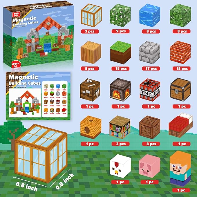 Magnetic Blocks-100PCS Grassland Magnetic Building Blocks Set, Kids Classroom Sensory Toy for Toddlers STEM Learning, Construction Stacking Toy for Kids 3+ Boys and Girls Christmas Birthday Gifts Toys