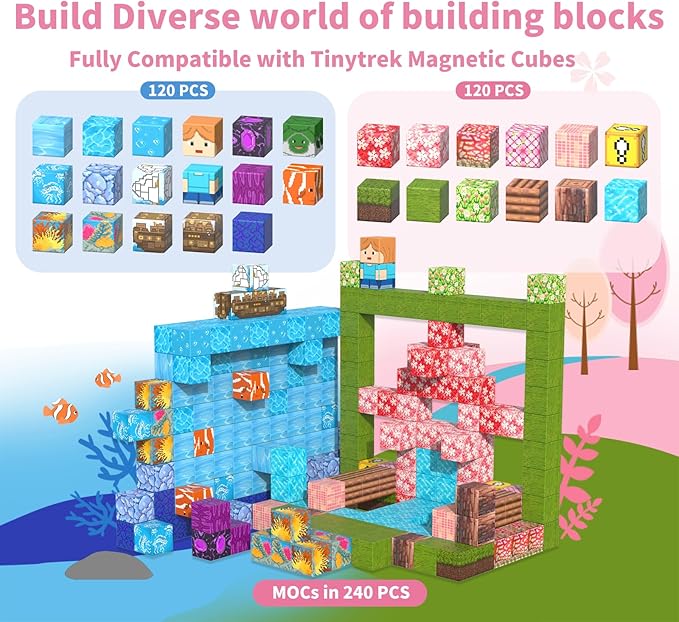 Magnetic Blocks-120PCS Magnets Cubes, Cherry Blossom Magnetic Building Blocks Toddler Magnetic Toys for Age 3-4 5-7 6-8,STEM Sensory Toys Birthday Gifts for 3+ Years Old Boys & Girls