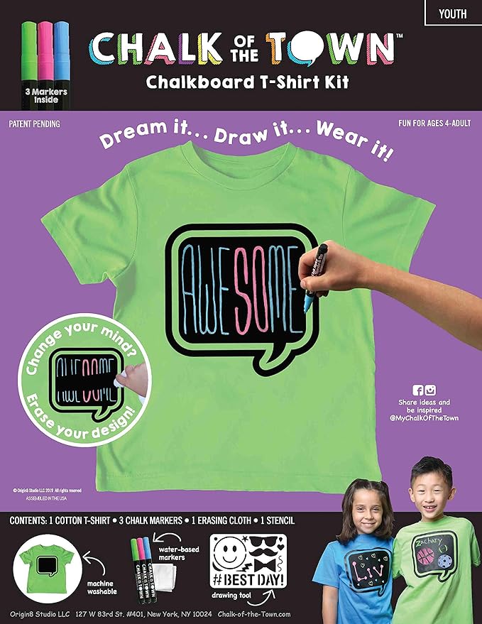 Green Speech Bubble Chalkboard Short Sleeve T-Shirt Kit for Kids with 3 Markers and 1 Stencil (Youth X-Small)