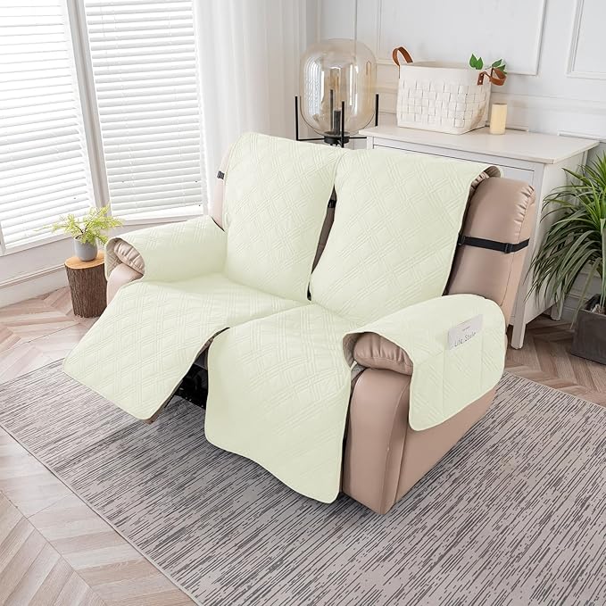 Easehomey Waterproof Loveseat Recliner Cover,Non Slip Reclining Couch Covers for 2 Seat,Dog Chair Cover Furniture Protector Washable Chair Cover with Pocket for Kids,Pets,Dogs(Cream White,2Seat)
