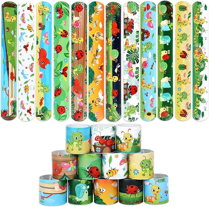 Serencatcher 48Pcs Bug Slap Bracelets, Bug Insect Party Favors Wristbands Bracelets with Ladybug Caterpillar Butterflies Snails Snap for Wild Insect Animal Birthday Party Decorations