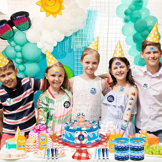 98 PCS Swimming Party Favors, Swimming Temporary Tattoos Badges Silicone Bracelets Stickers Keychains for Swimming Swim Team Sport Birthday Party Decorations Supplies Gifts for Swimmers Kids Teens