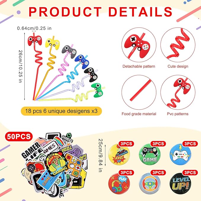 Sadnyy 140 Pcs Video Game Party Favors Birthday Party Decorations Supplies Drawstring Bags with Silicone Bracelets Keychains Straws Button Pins Stickers for Classroom Rewards Goodie Bags Stuffers