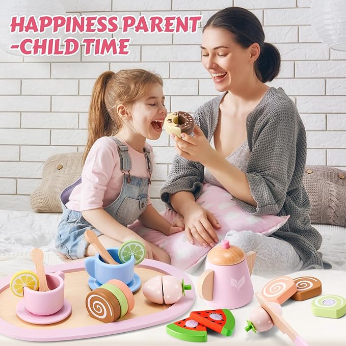 Wooden Tea Party Set, Tea Set for Little Girls 1-3 Toddler Tea Sets for Girls 2-4 with Wooden Toys Food Pretend Play Tea Party Wooden Kitchen Toys Playset Christmas Birthday Gift