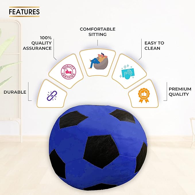 Ample Decor Soccer Bean Bag Cover (Filler Not Included), Leatherette Durable Double Stitched Material Sturdy Zippers, Ideal for Children and Teenagers - Blue and Black