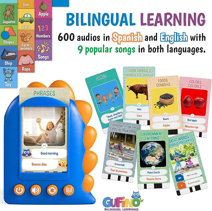 GUFINO Talking Flash Cards – 300 Spanish Flashcards for Kids for Cognitive Abilities & Boost Language Development – Learning Games, Blue Toddler Boy Gifts. See and Say Toys for Toddlers