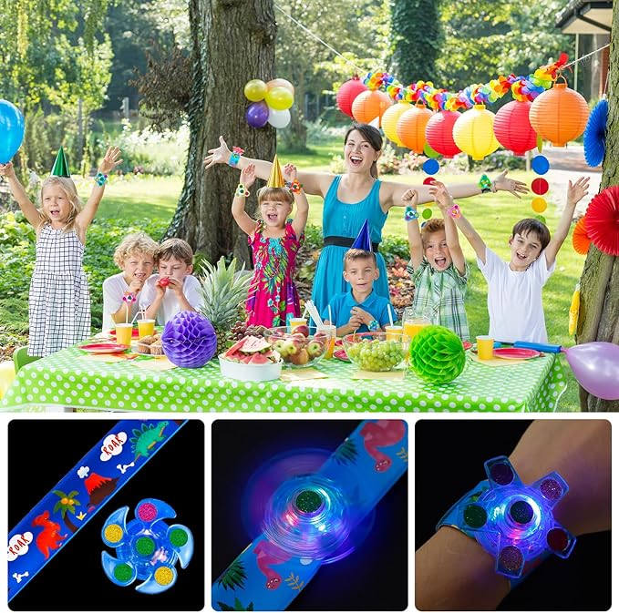 SEKEAHU 25 PCS Light Up Fidget Rotating Toy + 25PCS Slap Bracelets, Dinosaur Valentines Party Favors Stocking Stuffers for Kids 4-8-12 Goodie Bag Stuffers Glow in The Dark Supplies Gifts