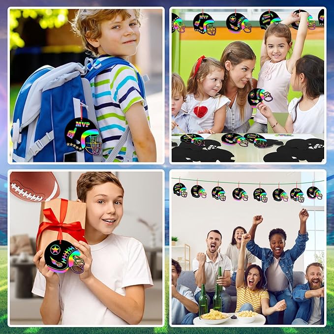 JULMELON 36 PCS Football Crafts for Kids, Rainbow Scratch Paper Art for Kids Football Party Favors Football Helmet Scratch Off Cards for Football Themed Birthday Party Supplies School Activities