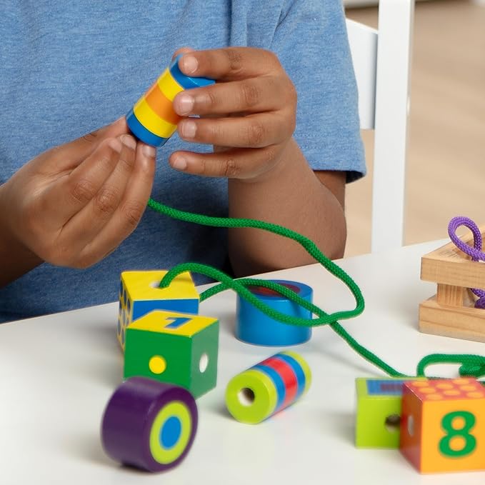 Melissa & Doug Deluxe Wooden Lacing Beads - Educational Activity With 27 Beads and 2 Laces For Toddlers, Fine Motor Skills Lacing Toys For Toddlers And Kids Ages 3+