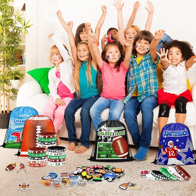 110 Pcs Football Party Favors Drawstring Backpack with Keychains Silicone Bracelets Stickers for Sports Birthday Supplies Goodie Bags Football Themed Presents