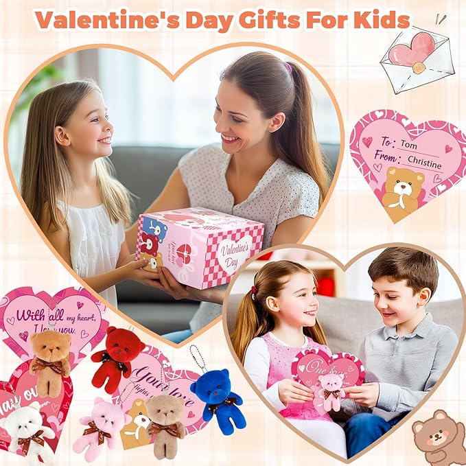 Valentines Day Gifts for Kids Classroom Party Favors Valentines Cards with Mini Teddy Bears Plush Toys Stuffed Animals Keychain Valentine Gift Exchange School Game Prize for Boys Girls 24 Pack