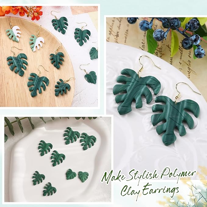 Puocaon Monstera Leaves Clay Cutters - 4 pcs Monstera Leaves Polymer Clay Cutters for Earrings, One Pattern in Different Size Clay Cutters for Polymer Clay Jewelry, Leaves Drop Dangle Earrings Making