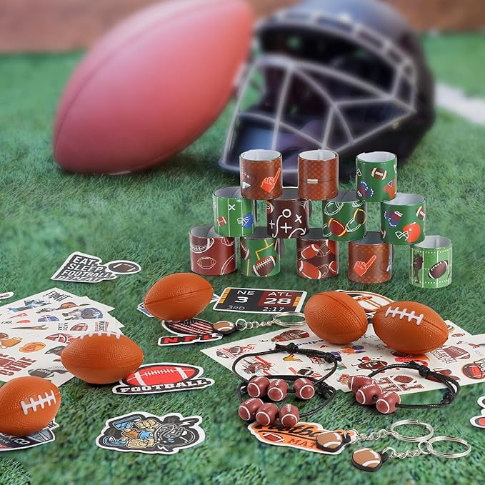 Kolewo4ever 295 Pieces Football Party Favors Football Themed Birthday Gift Goodie Bags Party Faovrs 24 Set Mini Foam Stress Balls,Slap Bracelet, Keychain, Charm Bracelets