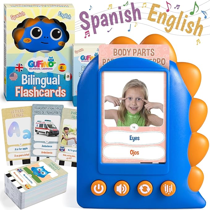 GUFINO Talking Flash Cards – 300 Spanish Flashcards for Kids for Cognitive Abilities & Boost Language Development – Learning Games, Blue Toddler Boy Gifts. See and Say Toys for Toddlers