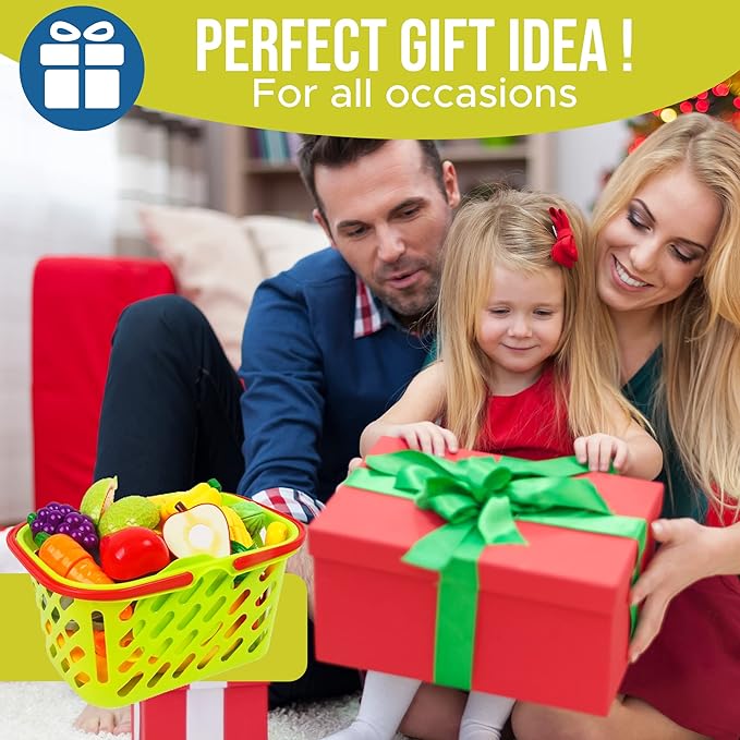 FUNERICA Durable Cuttable Play Food Grocery Shopping Basket, Kids Play Fruits and Vegetables Sets with Mini Cooking Top, Pot, Dishes, and Utensils Kids Kitchen Toys