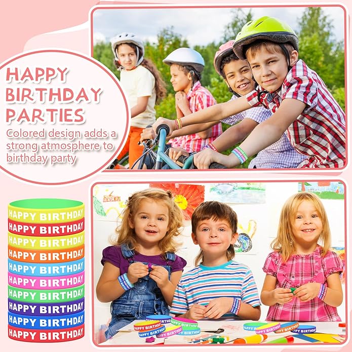 Tondiamo 200 Pcs Happy Birthday Rubber Bracelets Bulk Silicone Bracelets for Kids Birthday Wristbands Stretch Wristbands for Classroom Kids Teacher Birthday Party Favors, 8 Styles (Vivid Color)