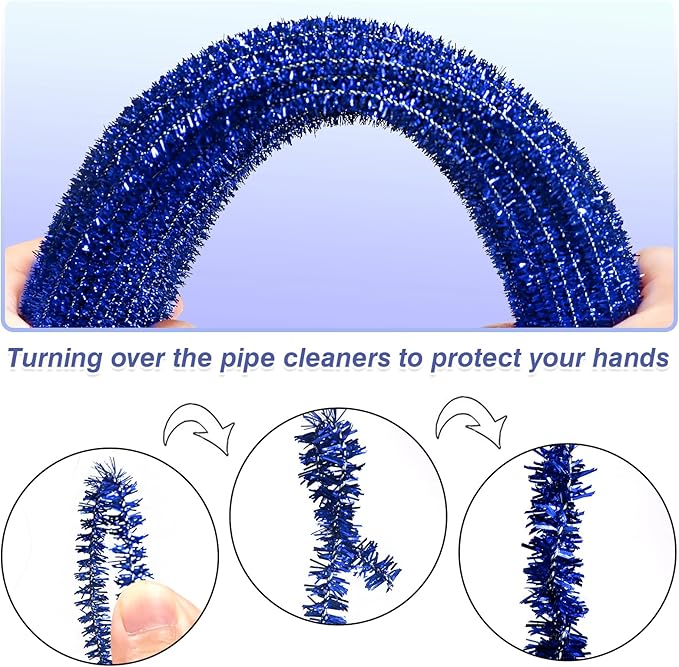 TOAOB 100pcs Christmas Glitter Pipe Cleaners Blue Metallic Pipe Cleaners Craft Supplies 6mm x 12 Inch Chenille Stems Pipe Cleaners for Art DIY Crafts Decorations
