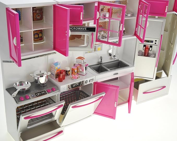 PowerTRC Doll Kitchen Play Set, Mini Modern Toy Pink Kitchen Pretend Furnitures Toy Set Accessories Set with Realistic Light & Sound for Kids Toddlers Girls (4-in-1 w/ 11.5โ Doll)
