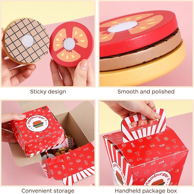 Wooden Fast Food Burger Fries Deluxe Dinner Set, Kitchen Pretend Play Accessories Toy, Realistic Burger Fries Pretend Play Food Set Toy House Props Educational