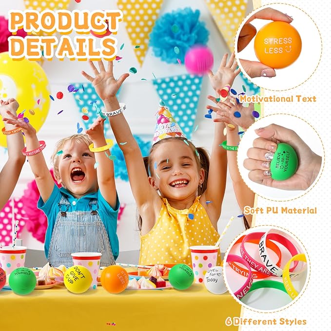 Shappy 144 Pcs Motivational Party Favor Includes 72 Stress Relief Motivational Stress Balls 1.97 Inch Mini Foam Balls 72 Inspirational Silicone Bracelets Quote Silicone Wristbands (Bright Color)