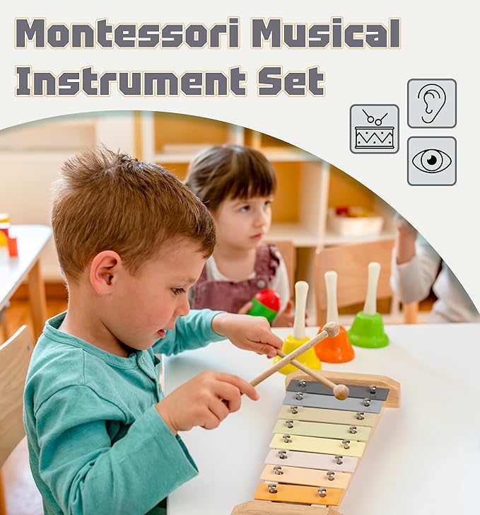 Toddler Musical Instruments 7 in 1 Wooden Xylophone Maracas Baby Sensory Musical Kids Montessori Toys with Canvas Storage Bag