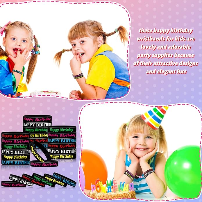 Sratte 120 Pcs Happy Birthday Rubber Bracelets for Kids Stretch Wristbands Bulk Birthday Bracelets for Classroom Student Back to School Gift Teacher Birthday Party Favors Supplies