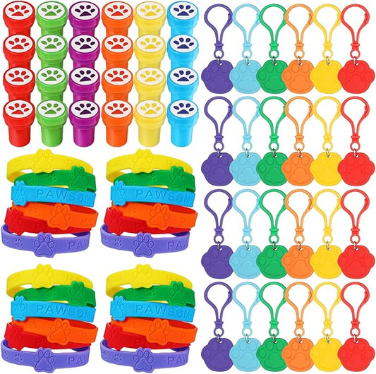 Skylety 72 Pcs Paw Print Party Favor Set, Rubber Bracelets Stamps Paw Print Acrylic Lobster Keychain Paw Dog Birthday Party Favors Supplies, Gift Bag Stuffer for Kids