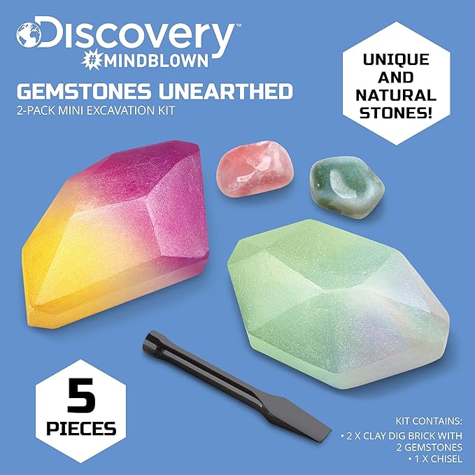 Discovery #MINDBLOWN Mini Unearthed Gemstones Dig Set, 2 Pack Excavation Kit w/Chisel, App & Poster, Interactive Archaeology Geology Experiment, Fun & Educational Science STEM Toy for Kids 6+