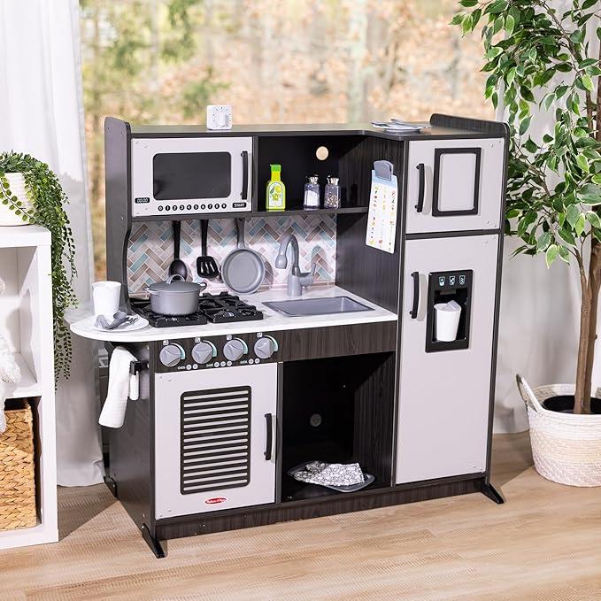 Melissa & Doug Wooden Chef’s Pretend Play Toy Kitchen With “Ice” Cube Dispenser – Charcoal Gray - Kitchen Play Set For Toddlers And Kids Ages 3+