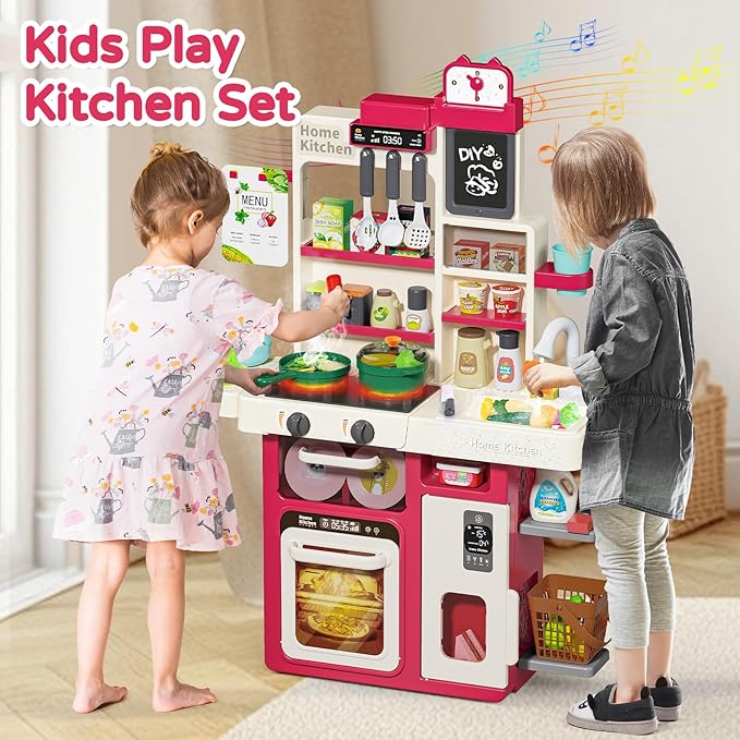 Letapapa Kids Play Kitchen Set, Kitchen Toys with Realistic Sound & Light, Cooking Stove, Sink, Play Food and Kitchen Accessories, Kitchen Playset Gifts for Toddlers Girls Boys(Red)